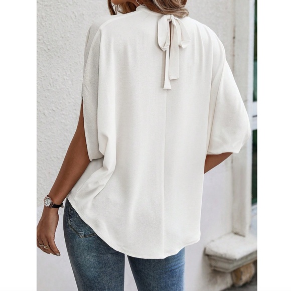White Blouse Top Flowy, High Neck - Picture 4 of 11